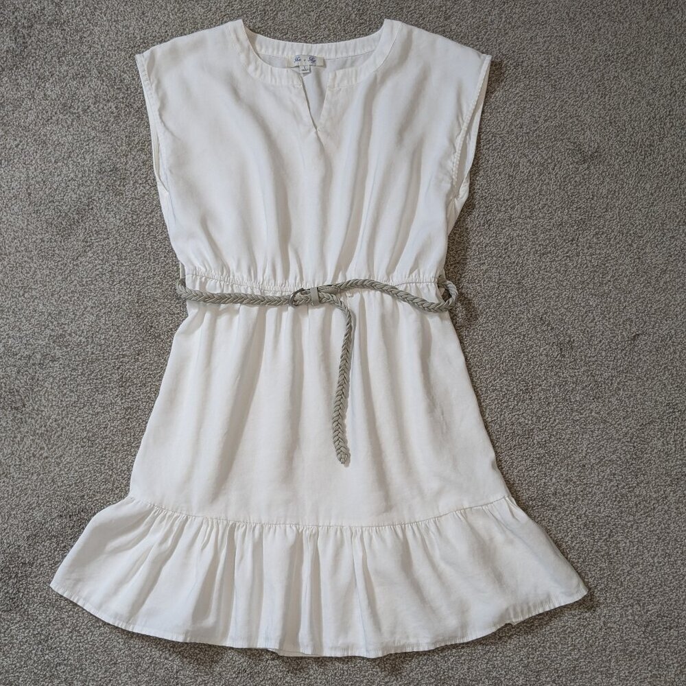SHE + SKY White Sleeveless Fit & Flare Short Belted Dress w Ruffle; Size L